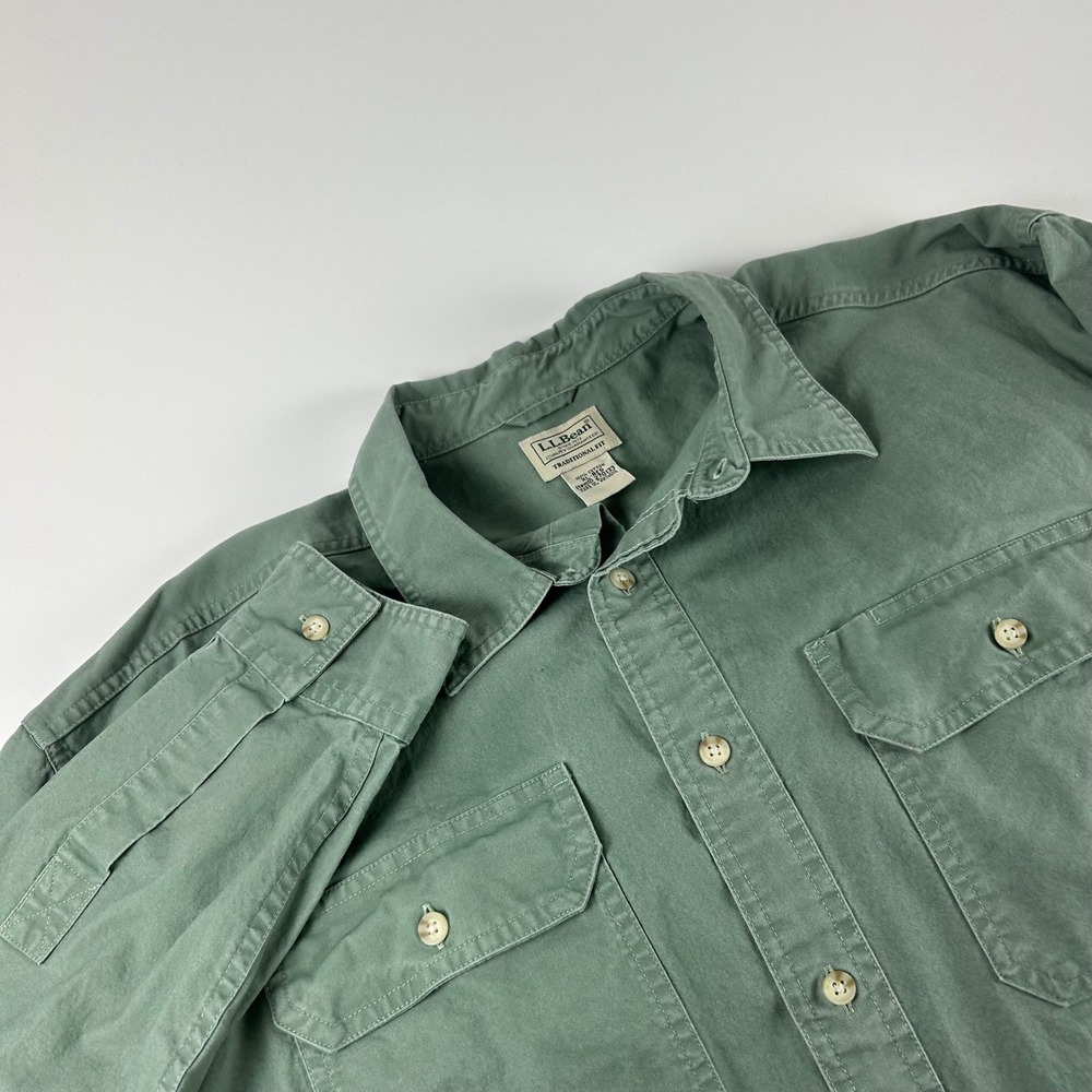 LL Bean Mens XL Utility Cargo Safari Traditional Fit Button Down Shirt Green